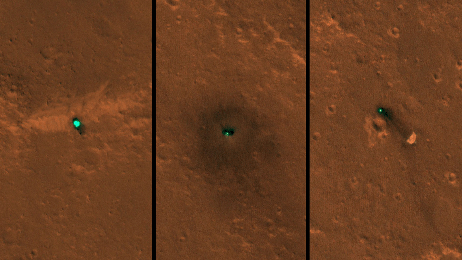 NASA's InSight spacecraft, its head shield and its parachute were imaged on Dec. 6 and 11 by the HiRISE camera onboard NASA's Mars Reconnaissance Orbiter.