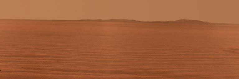 NASA's Mars Exploration Rover Opportunity used its panoramic camera to record this eastward horizon view on the 2,407th Martian day, or sol, of the rover's work on Mars (Oct. 31, 2010).