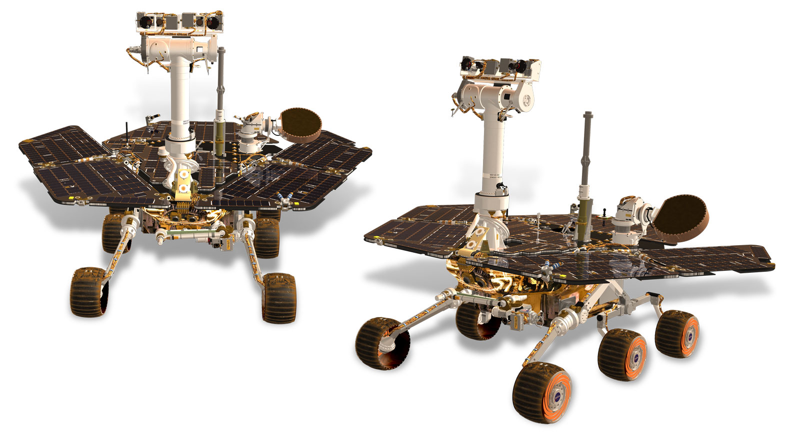 This artist's rendering depicts NASA's Mars Exploration Rovers, Spirit and Opportunity. The twin rovers were launched in 2003 and arrived on Mars in January 2004.