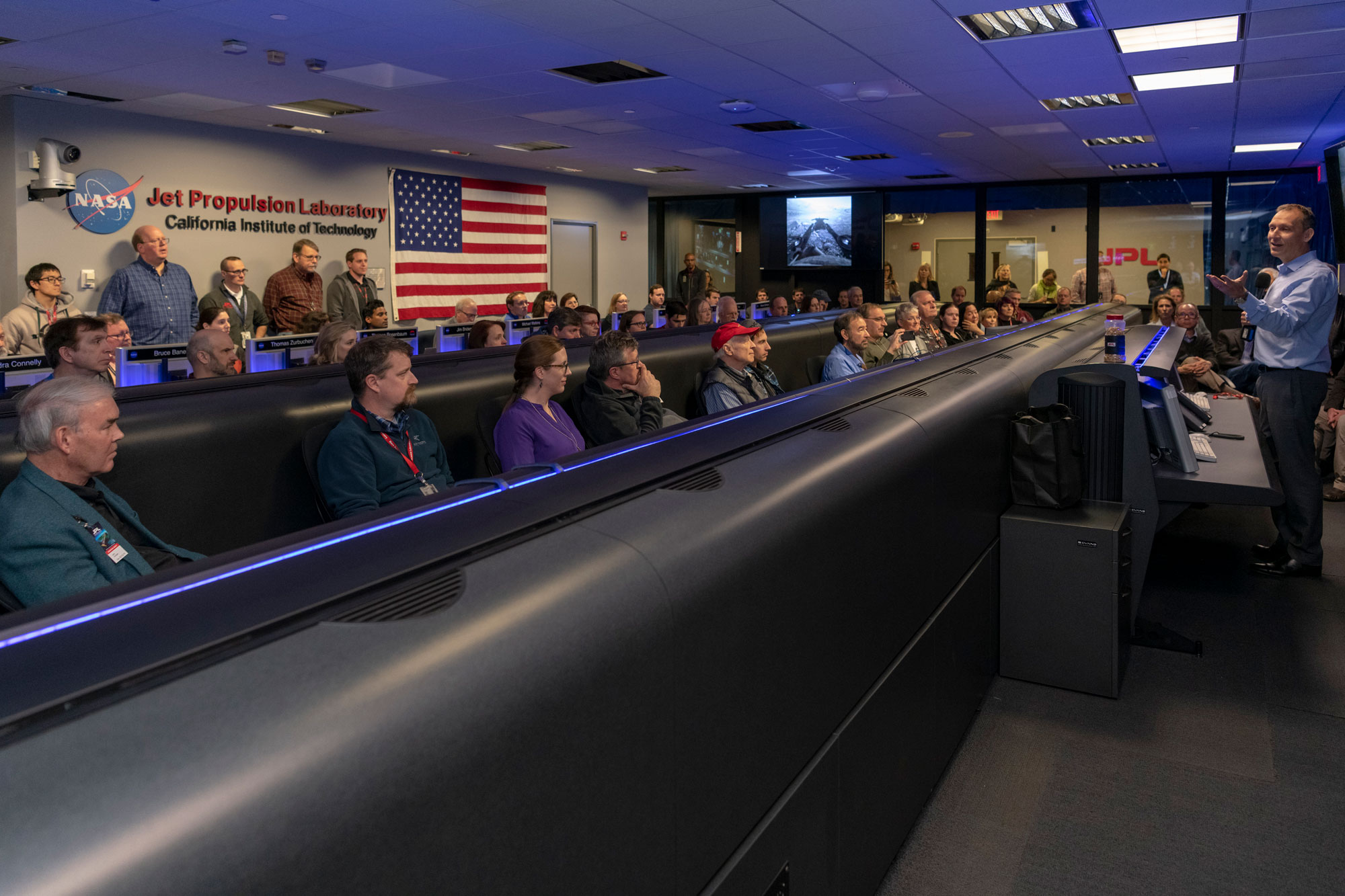 NASA Associate Administrator for Science Thomas Zurbuchen addressed the Opportunity rover team inside Mission Control at NASA’s Jet Propulsion Laboratory in Pasadena, California, a few hours before the team made its last attempts to listen for the rover’s signal from Mars. The image was taken on Feb. 12, 2019.
