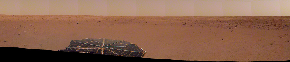InSight captured this panorama of its landing site on the 14th Martian day, or sol, of its mission.