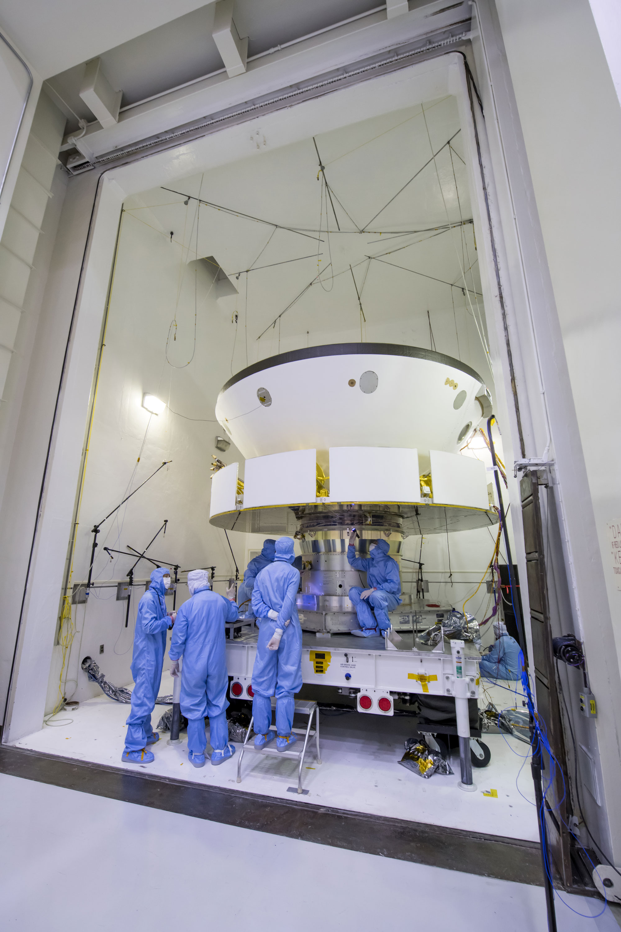 Engineers and technicians working on NASA's Mars 2020 mission prepare spacecraft components for acoustic testing in the Environmental Test Facility at NASA's Jet Propulsion Laboratory in Pasadena, California.