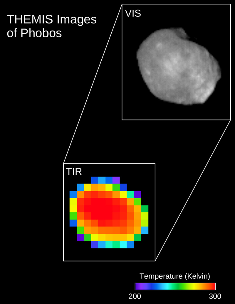 Two views of the Martian moon Phobos taken in both infrared and visible light by NASA's 2001 Mars Odyssey.