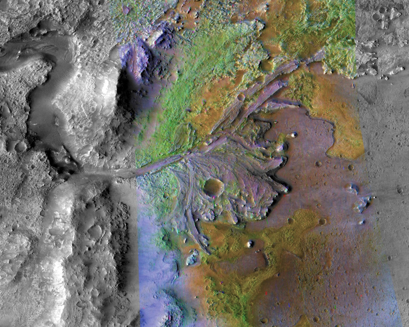This image is of Jezero Crater on Mars, the landing site for NASA's Mars 2020 mission. It was taken by instruments on NASA's Mars Reconnaissance Orbiter (MRO), which regularly takes images of potential landing sites for future missions.