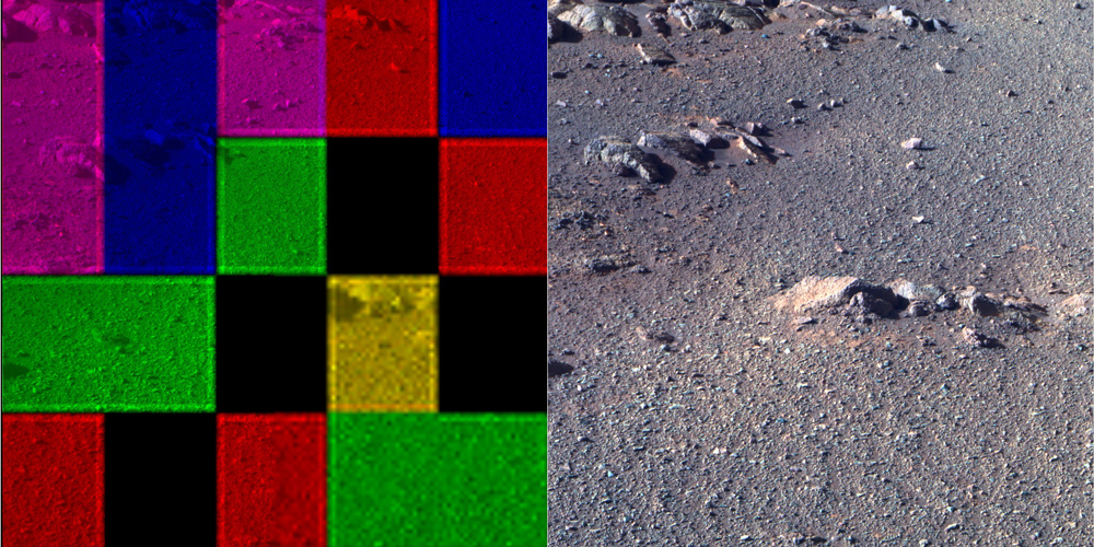 These side-by-side images were taken by the Pan Camera on the Opportunity rover. They're actually the same image; the left version is how the image originally came down, due to data dropouts. The right shows the same image after processing all the data.