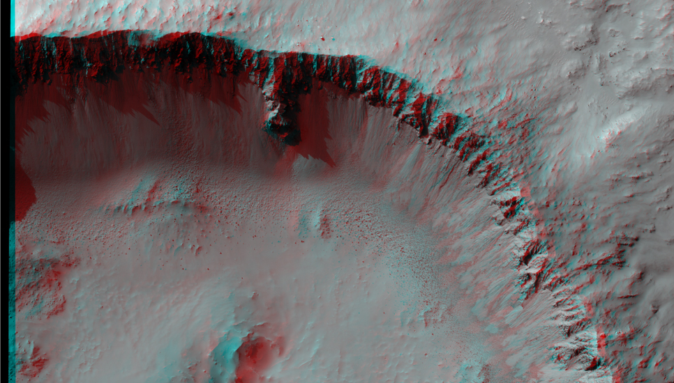 Shown here is a stereo pair (see the anaglyph) of a well-preserved impact crater