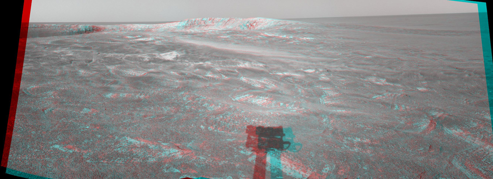 This three-dimensional anaglyph stereo view was created from navigation camera frames that NASA's Mars Exploration Rover Opportunity