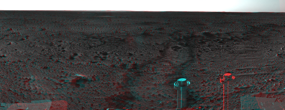 This cylindrical-projection view was created from navigation camera images that NASA's Mars Exploration Rover Spirit.