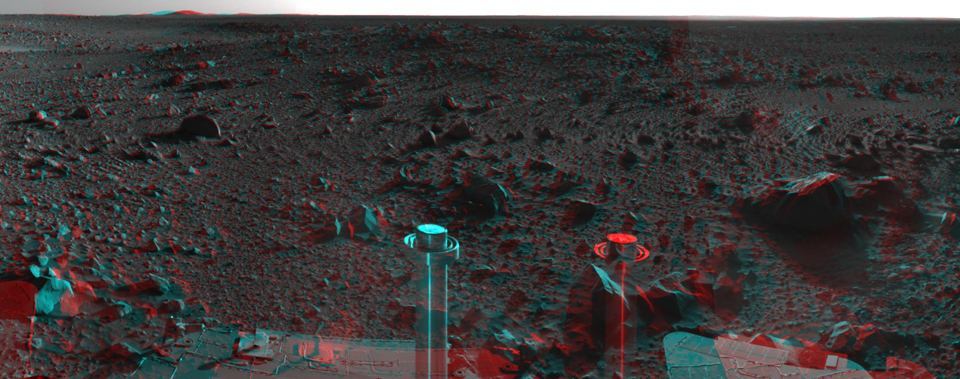 This 360-degree stereo anaglyph of the terrain surrounding NASA's Mars Exploration Rover Spirit