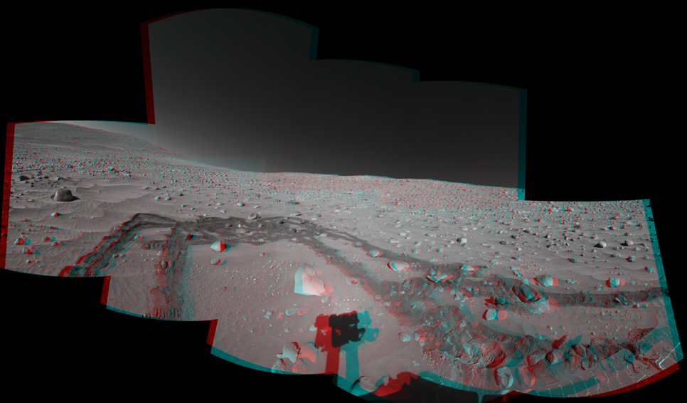 This stereo view was assembled from images taken by the navigation camera on NASA's Mars Exploration Rover Spirit during the rover's 337th martian day