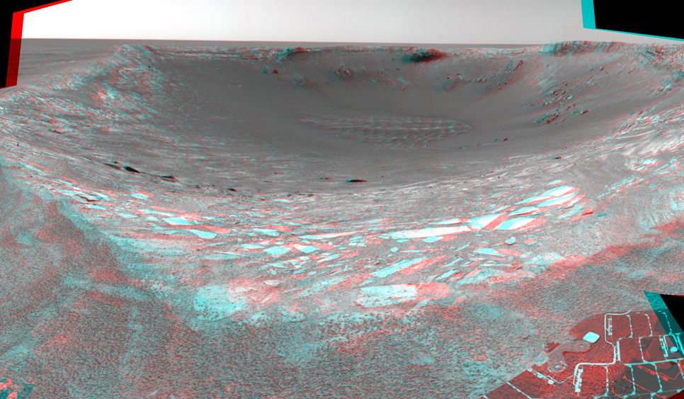 This stereo anaglyph looking toward the northeast across "Endurance Crater" in Mars' Meridiani Planum region was assembled from frames taken by the navigation camera on NASA's Mars Exploration Rover Opportunity during the rover's 131st martian day, or sol