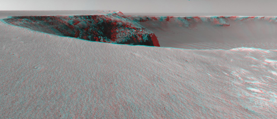 NASA's Mars Exploration Rover Opportunity used its navigation camera to take the images combined into this stereo view of the rover's surroundings on the 958th sol of its surface mission