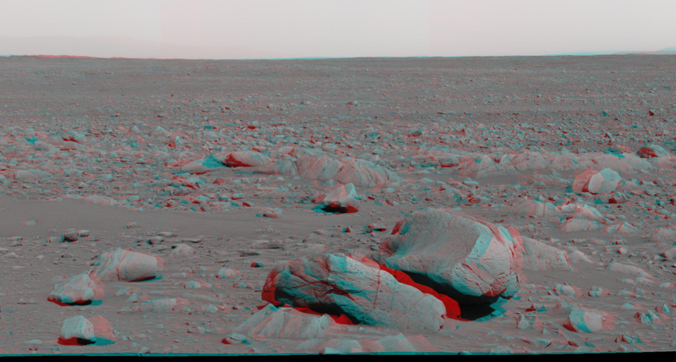 This stereo view was taken by the panoramic camera on NASA's Mars Exploration Rover Spirit on the rover's 87th martian day, or sol