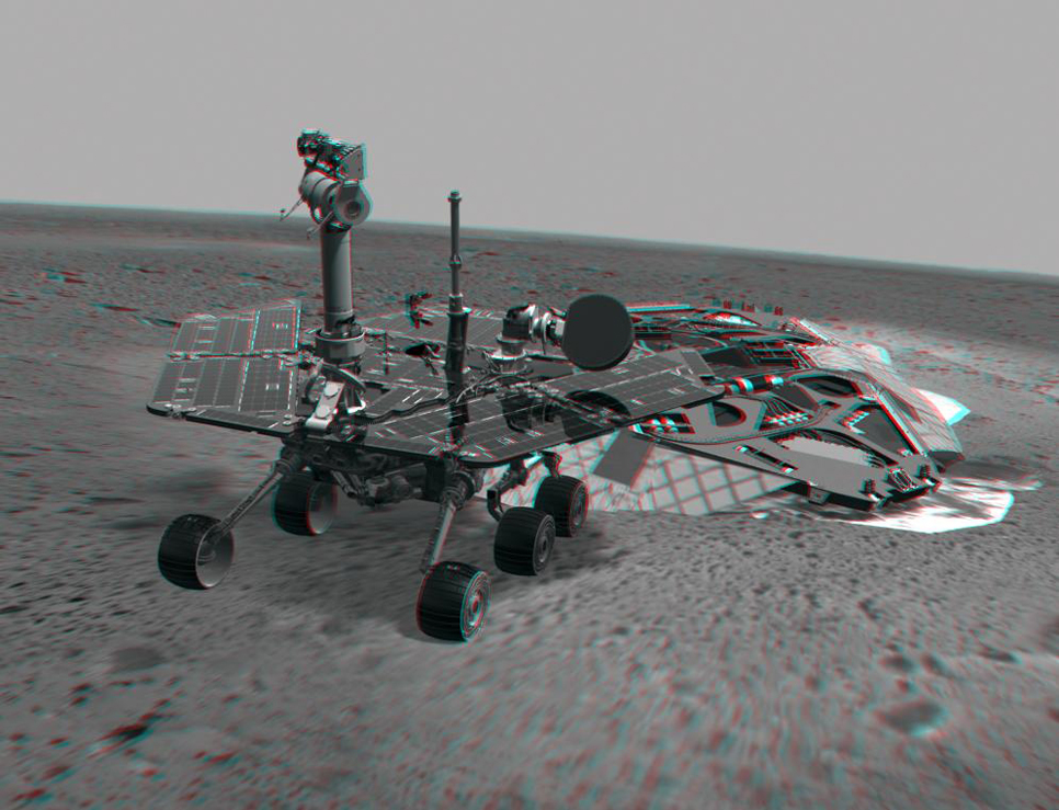 This 3-D image combines computer-generated models of the Mars Exploration Rover Spirit and its lander with real surface data from the rover's panoramic camera