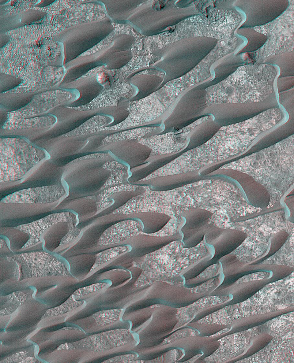 One of the very first places photographed by the MOC at the start of the Mapping Mission in March 1999 was a field of dunes located in Nili Patera, a volcanic depression in central Syrtis Major