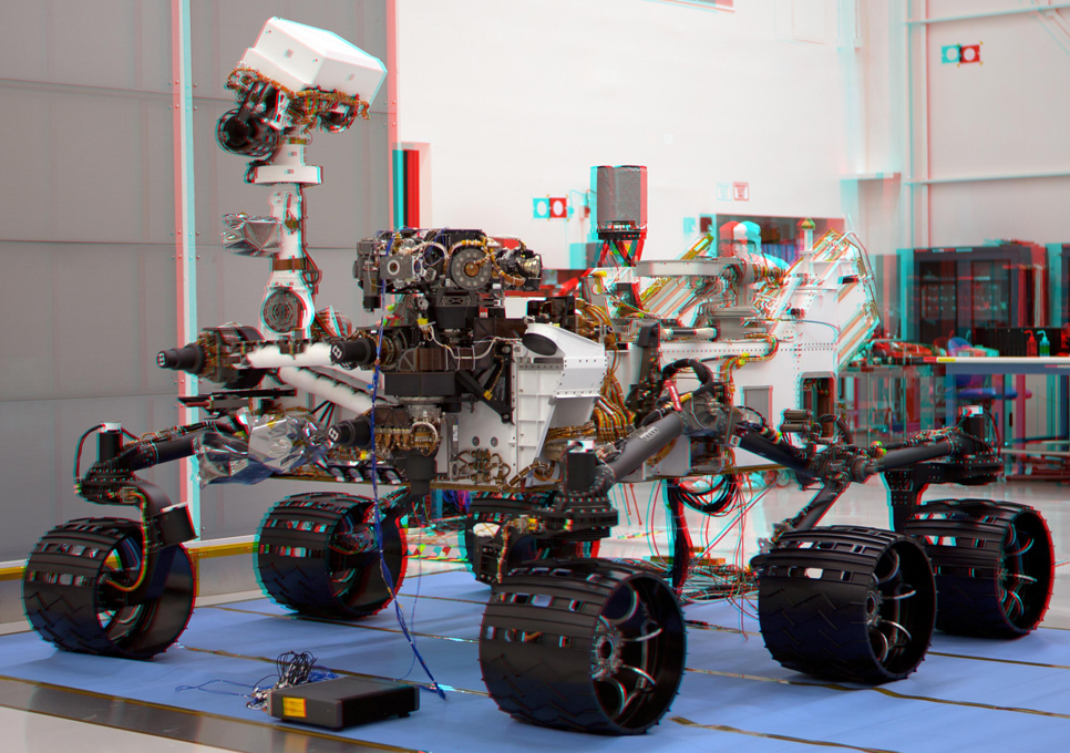 This stereoscopic anaglyph image was created from a left and right stereo pair of images of the Mars Science Laboratory mission's rover, Curiosity