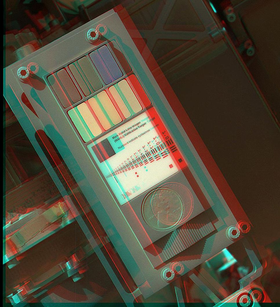 This 3-D view of the calibration target for the Mars Hand Lens Imager (MAHLI) aboard NASA's Mars rover Curiosity.