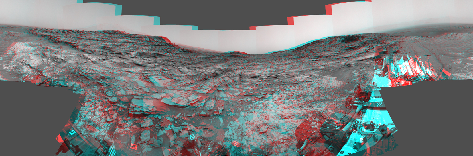 This stereo view from the Navigation Camera (Navcam) on NASA's Curiosity Mars rover shows a 360-degree panorama around the location where the rover spent its 1,000th Martian day, or sol, on Mars.