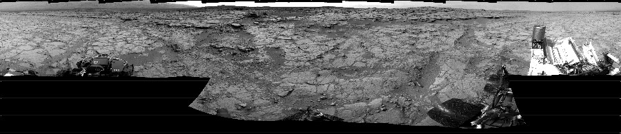 NASA's Mars rover Curiosity took 17 images in Gale Crater using its mast-mounted Left Navigation Camera (Navcam) to create this mosaic. The seam-corrected mosaic provides a 360-degree cylindrical projection panorama of the Martian surface centered at 270 degrees azimuth (measured clockwise from north). Curiosity took the images on December 21, 2012, Sol 133 of the Mars Science Laboratory mission at drive 1858, site number 5. The local mean solar time for the image exposures was from 2 PM to 3 PM. Each Navcam image has a 45 degree field of view. CREDIT: NASA/JPL-Caltech