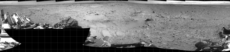 NASA's Mars rover Curiosity took 19 images in Gale Crater using its mast-mounted Right Navigation Camera (Navcam) to create this mosaic. The seam-corrected mosaic provides a 360-degree cylindrical projection panorama of the Martian surface centered at 180 degrees azimuth (measured clockwise from north). Curiosity took the images on December 09, 2013, Sol 477 of the Mars Science Laboratory mission at drive 366, site number 24. The local mean solar time for the image exposures was 2 PM. Each Navcam image has a 45 degree field of view. CREDIT: NASA/JPL-Caltech