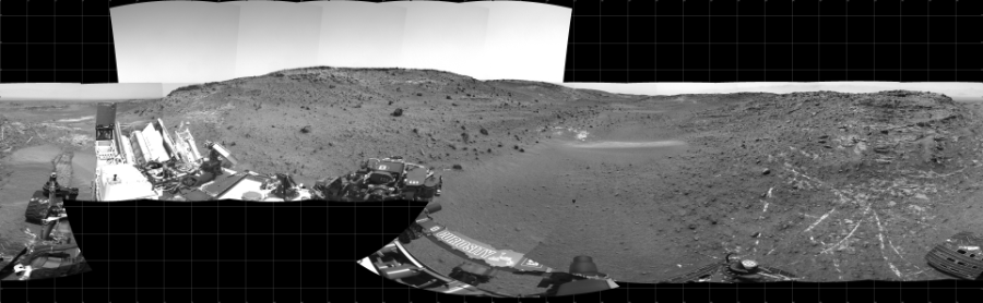 NASA's Mars rover Curiosity took 23 images in Gale Crater using its mast-mounted Left Navigation Camera (Navcam) to create this mosaic. The seam-corrected mosaic provides a 360-degree cylindrical projection panorama of the Martian surface centered at 180 degrees azimuth (measured clockwise from north). Curiosity took the images on April 08, 2015, Sol 949 of the Mars Science Laboratory mission at drive 1276, site number 45. The local mean solar time for the image exposures was from 1 PM to 2 PM. Each Navcam image has a 45 degree field of view. CREDIT: NASA/JPL-Caltech