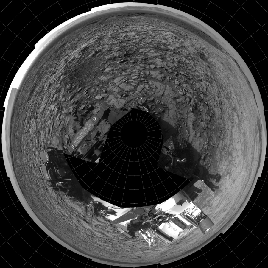 NASA's Mars rover Curiosity took 19 images in Gale Crater using its mast-mounted Left Navigation Camera (Navcam) to create this mosaic. The seam-corrected mosaic provides a polar stereographic projection panorama of the Martian surface with 0 degrees azimuth (measured clockwise from north) at the top of the image. Curiosity took the images on November 13, 2015, Sol 1162 of the Mars Science Laboratory mission at drive 3076, site number 50. The local mean solar time for the image exposures was from 3 PM to 4 PM. Each Navcam image has a 45-degree field of view. CREDIT: NASA/JPL-Caltech