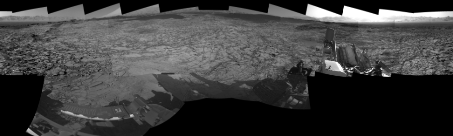 NASA's Mars rover Curiosity took 19 images in Gale Crater using its mast-mounted Left Navigation Camera (Navcam) to create this mosaic. The seam-corrected mosaic provides a 360-degree cylindrical-perspective projection panorama of the Martian surface suitable for stereo viewing, centered at 105 degrees azimuth (measured clockwise from north). This single-eye view must be combined with the partner right image to be viewed in stereo.  Curiosity took the images on November 19, 2015, Sol 1168 of the Mars Science Laboratory mission at drive 268, site number 51. The local mean solar time for the image exposures was from 2 PM to 4 PM. Each Navcam image has a 45-degree field of view. CREDIT: NASA/JPL-Caltech