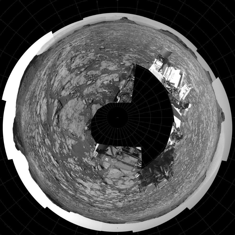 NASA's Mars rover Curiosity took 26 images in Gale Crater using its mast-mounted Left Navigation Camera (Navcam) to create this mosaic. The seam-corrected mosaic provides a polar stereographic projection panorama of the Martian surface with 0 degrees azimuth (measured clockwise from north) at the top of the image. Curiosity took the images on August 20, 2016, Sol 1435 of the Mars Science Laboratory mission at drive 462, site number 57. The local mean solar time for the image exposures was 2 PM. Each Navcam image has a 45-degree field of view. CREDIT: NASA/JPL-Caltech