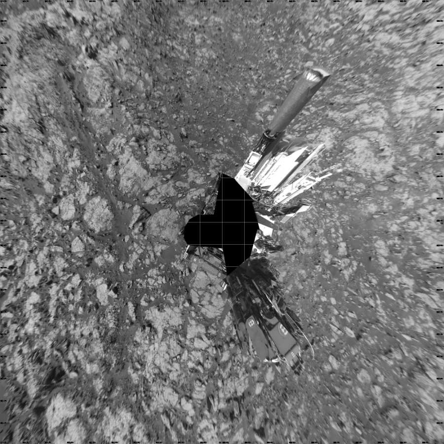 NASA's Mars rover Curiosity took 26 images in Gale Crater using its mast-mounted Left Navigation Camera (Navcam) to create this mosaic. The seam-corrected mosaic provides a vertical projection of the Martian surface near the rover, covering an area of 20 meters (north/south) by 20 meters (east/west). North is up in the image. This projection provides an overhead view, but introduces distortion for items not on the surface, such as large rocks and the rover itself.  Curiosity took the images on August 20, 2016, Sol 1435 of the Mars Science Laboratory mission at drive 462, site number 57. The local mean solar time for the image exposures was 2 PM. Each Navcam image has a 45-degree field of view. CREDIT: NASA/JPL-Caltech