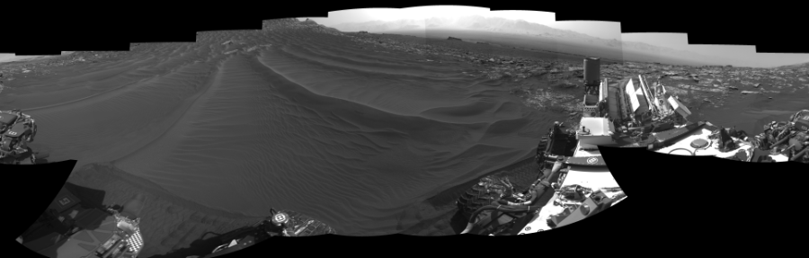 NASA's Mars rover Curiosity took 19 images in Gale Crater using its mast-mounted Right Navigation Camera (Navcam) to create this mosaic. The seam-corrected mosaic provides a 0-degree cylindrical-perspective projection panorama of the Martian surface suitable for stereo viewing, centered at 272 degrees azimuth (measured clockwise from north). This single-eye view must be combined with the partner left image to be viewed in stereo.  Curiosity took the images on July 07, 2017, Sol 1748 of the Mars Science Laboratory mission at drive 2088, site number 64. The local mean solar time for the image exposures was from 2 PM to 3 PM. Each Navcam image has a 45-degree field of view. CREDIT: NASA/JPL-Caltech