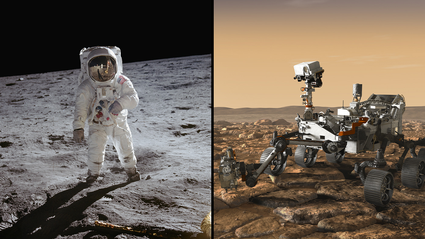 From left to right: Apollo 11 astronaut Buzz Aldrin stands on the Moon; 47 pounds (21.5 kilograms) of samples were brought back to Earth from that mission; the Mars 2020 rover, seen here in an artist's concept rover, will be taking the first planetary samples at Jezero Crater, Mars (on right).