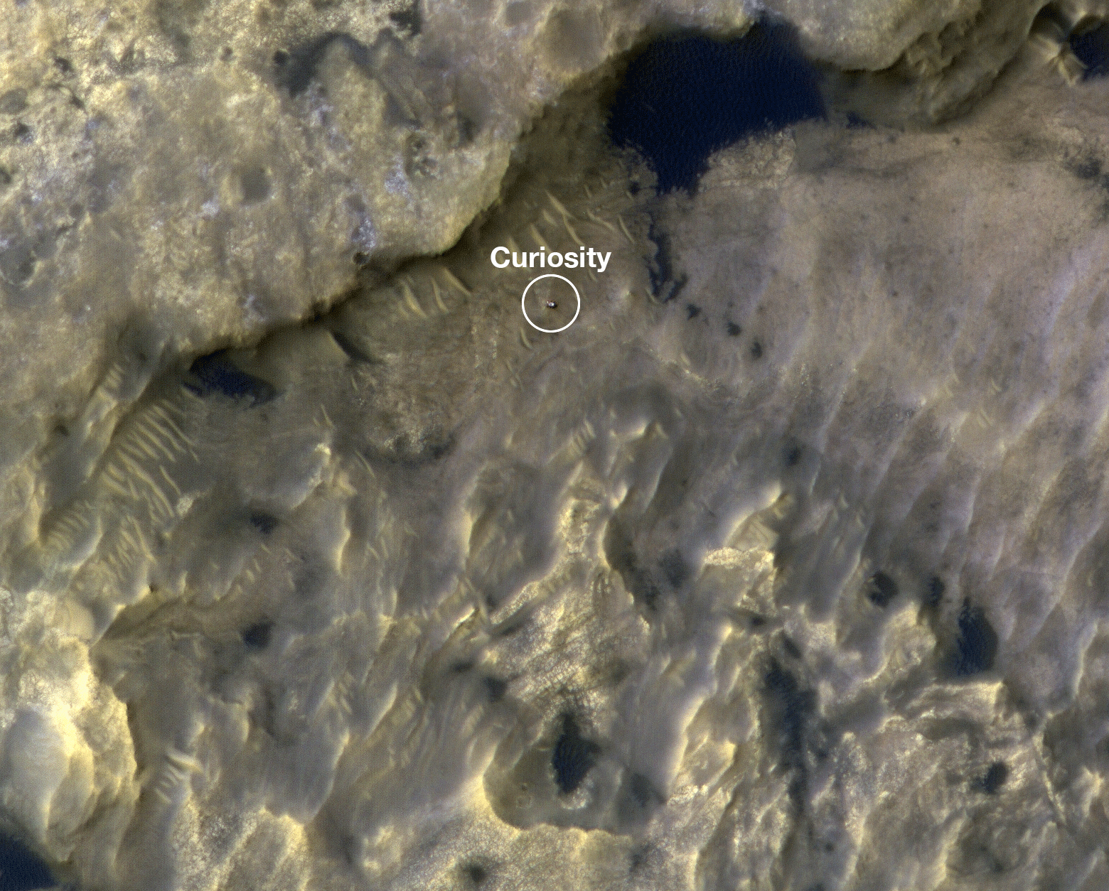 This animation shows the position of NASA's Curiosity rover as it journeyed through "the clay-bearing unit" on Mars between May 31 and July 20, 2019. The HiRISE camera on NASA's Mars Reconnaissance Orbiter took both images.