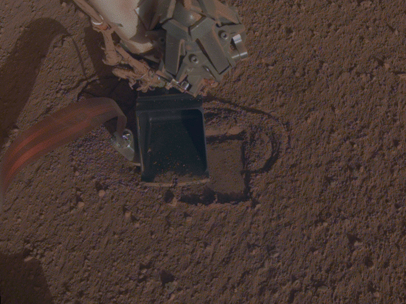 This GIF shows NASA InSight's heat probe, or "mole," digging about a centimeter (half an inch) below the surface last week.