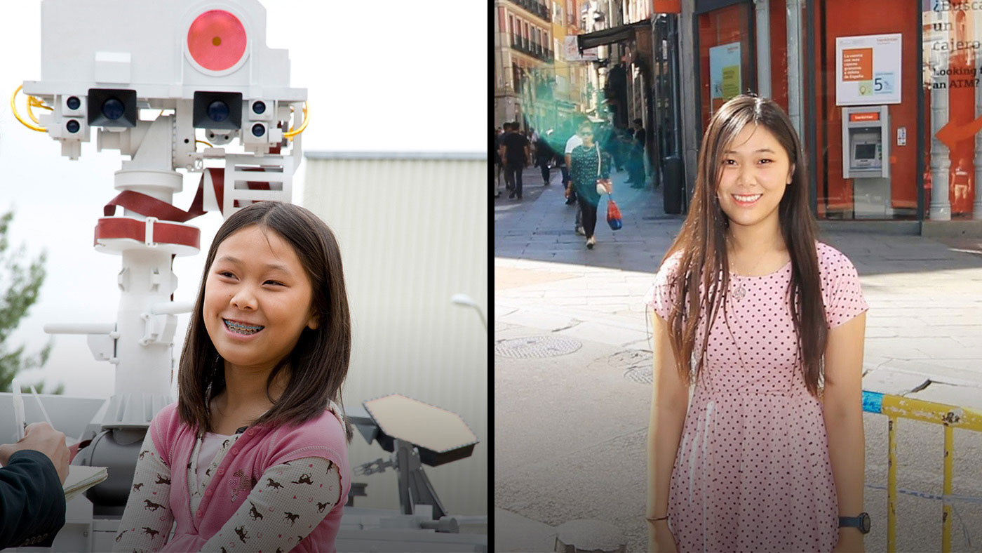 Clara Ma, winner of the contest to name NASA's Curiosity rover, in 2009 with an engineering model of the rover (left) and as a graduate student in 2019 (right)