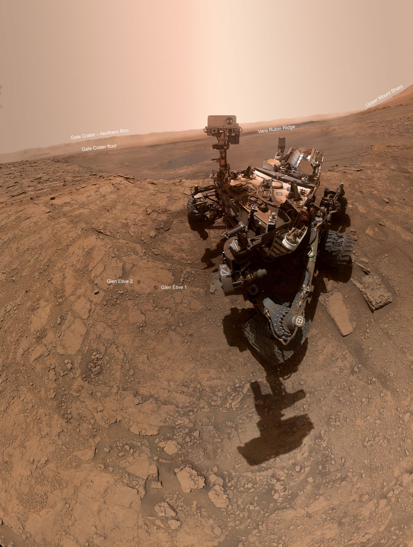 NASA's Curiosity rover took this selfie on Oct. 11, 2019, the 2,553rd Martian day, or sol, of its mission. The rover drilled twice in this location, which is nicknamed "Glen Etive."