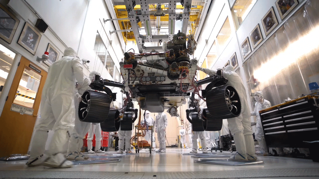 A time-lapse video, taken JPL, captures the first time NASA's Mars 2020 rover has carried its full weight on its legs and wheels.