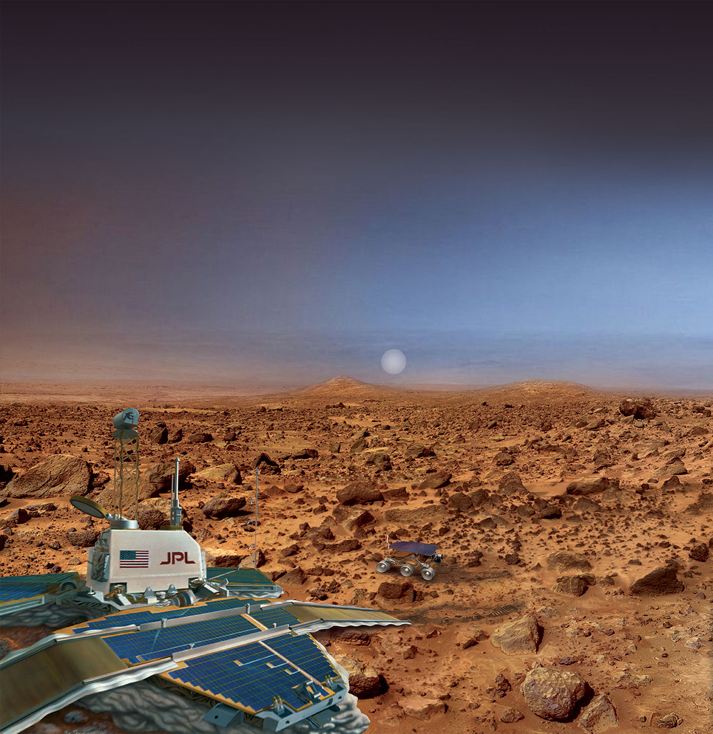 An artist's rendering of Mars Pathfinder, which consisted of a lander and the first-ever robotic rover on the surface of the Red Planet.