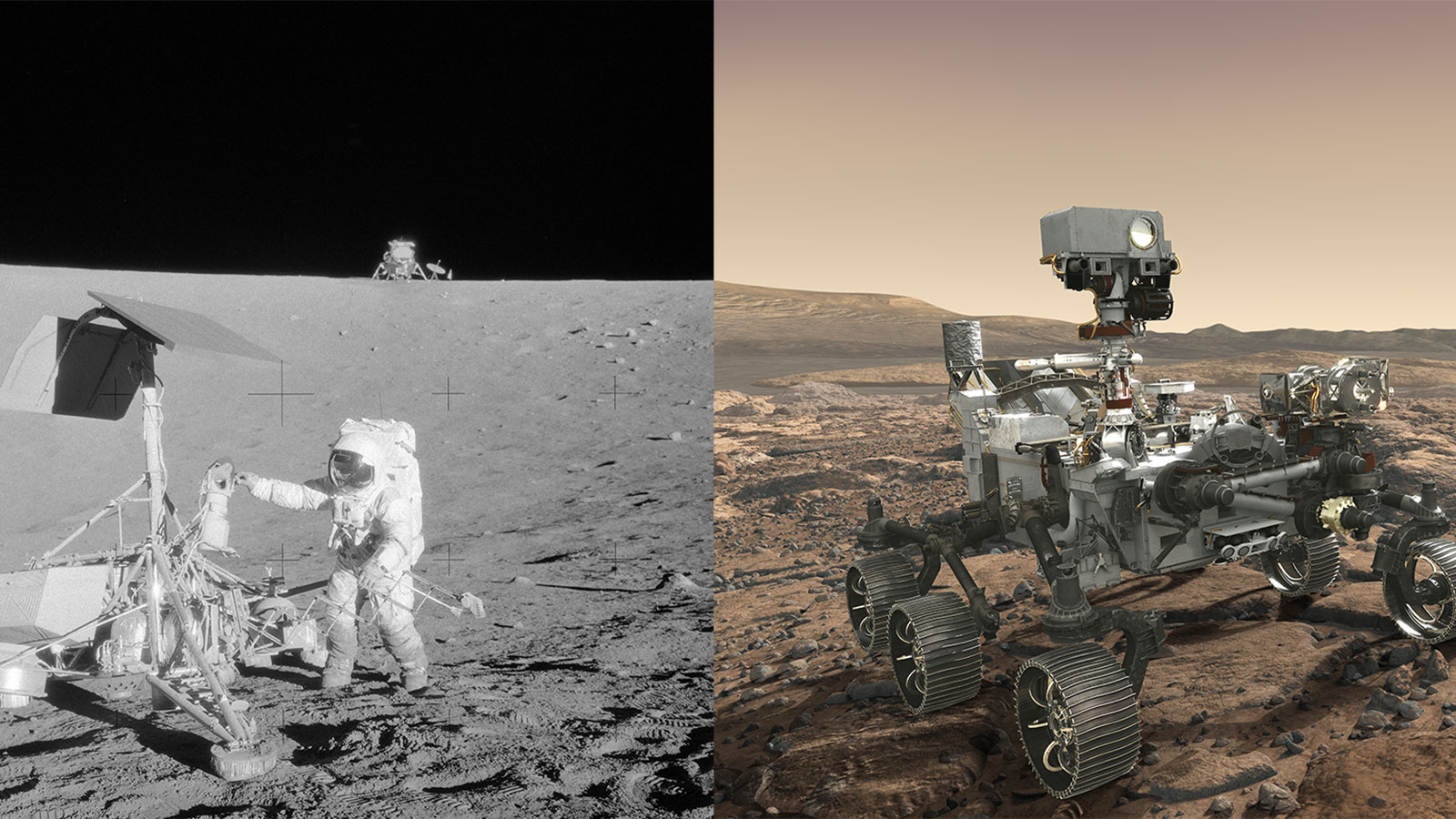 (Left) Apollo 12 astronaut Charles “Pete” Conrad Jr. stands beside NASA's Surveyor 3 spacecraft. (Right) Mars 2020 rover, seen here in an artist's concept, will make history's most accurate landing on a planetary body when it lands at Mars' Jezero Crater on Feb. 18, 2021.
