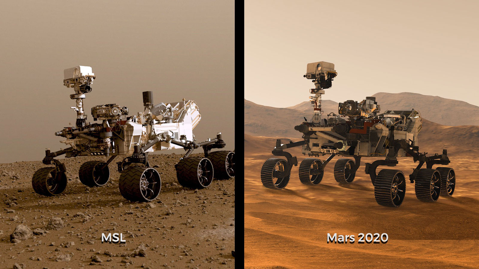 Image showing NASA's Curiosity rover to the left and Mars 2020 rover to the right.