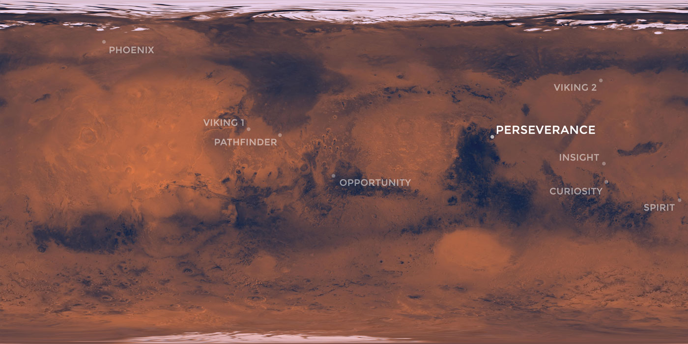 This map of the Red Planet shows Jezero Crater, where NASA's Mars 2020 rover is scheduled to land in February 2021. Also included are the locations where all of NASA's other successful Mars missions touched down.