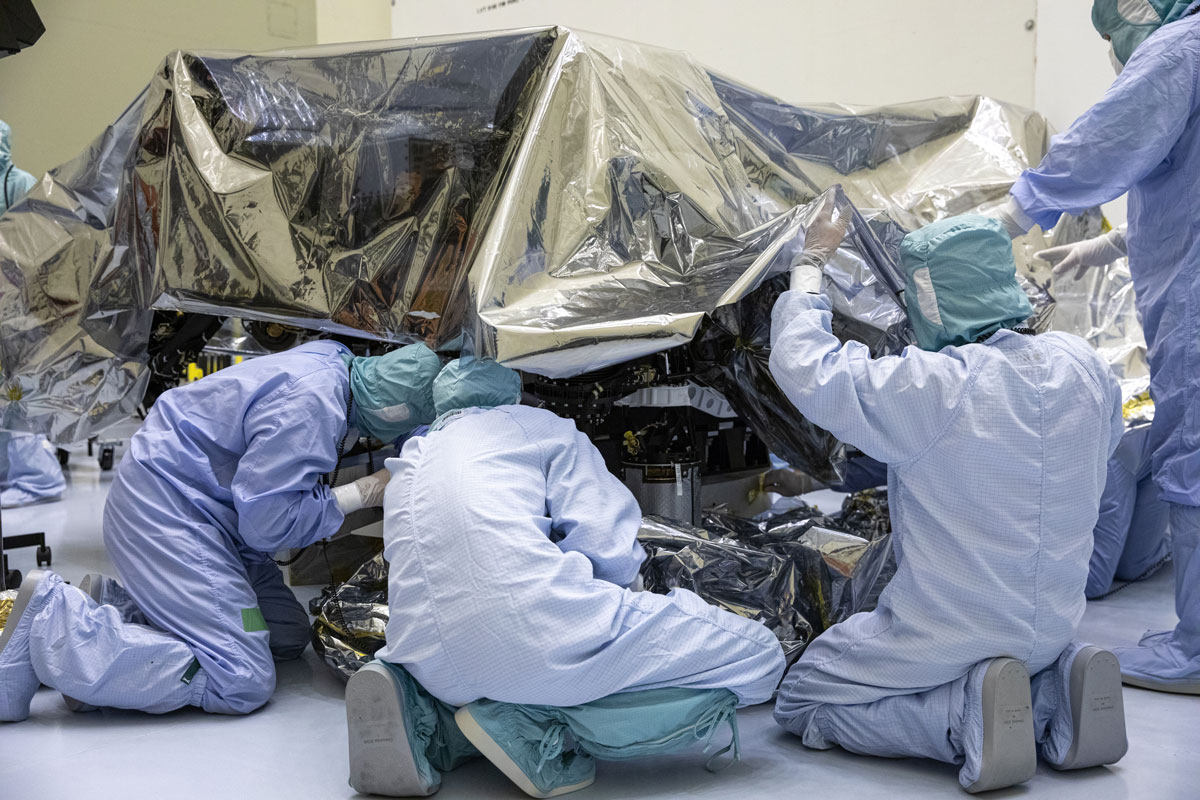 The Mars 2020 rover undergoes processing inside the Payload Hazardous Servicing Facility at NASA’s Kennedy Space Center in Florida on Feb. 13, 2020.