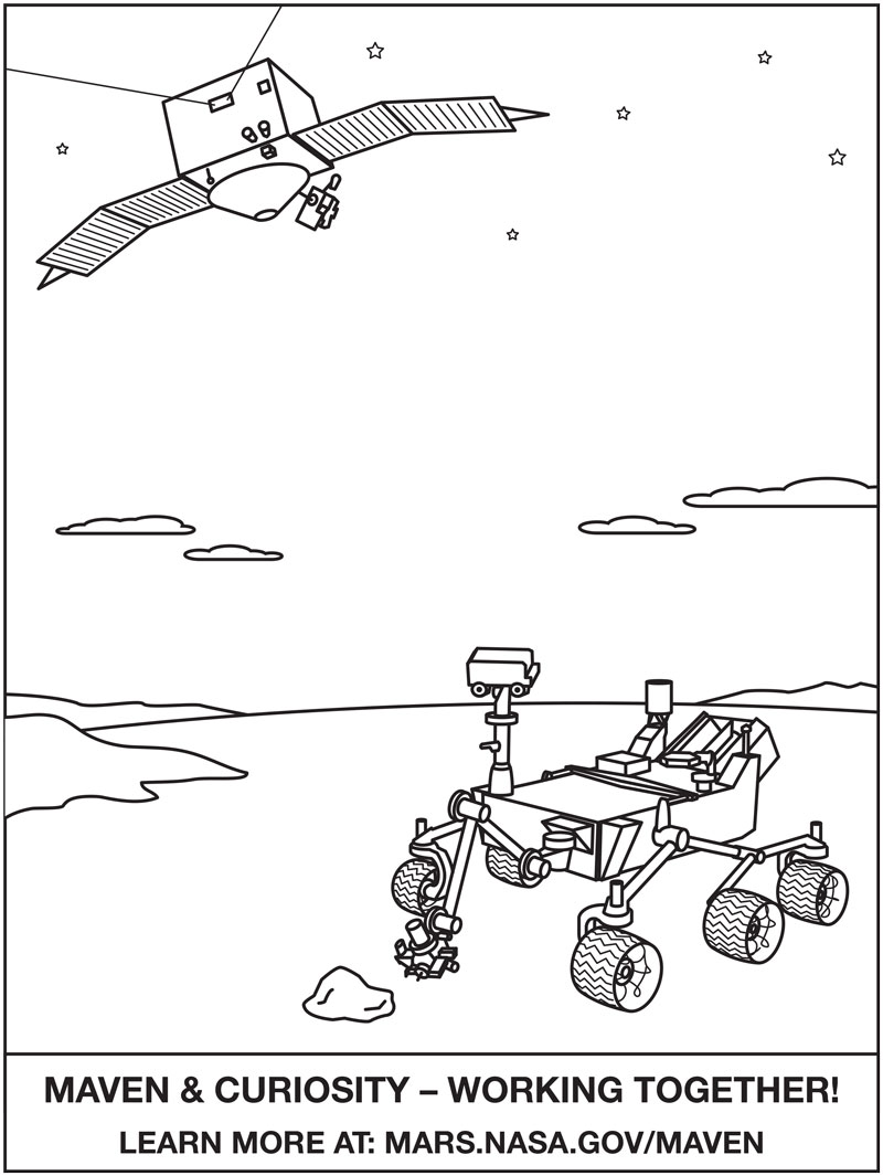 Download a coloring sheet of NASA MAVEN orbiter and Curiosity rover working together at Mars.