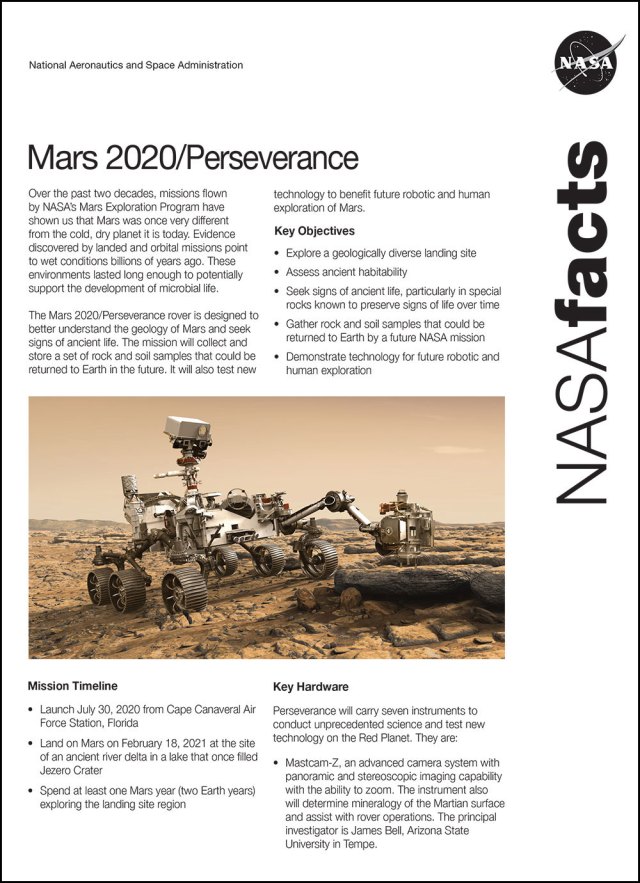 
			Mars 2020 Perseverance Fact Sheet - NASA Science			