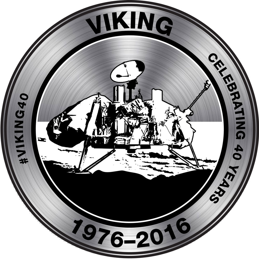 Anniversary artwork of NASA Viking 1 and Viking 2 Orbiters and Landers.  Infographic text:  Viking.  Celebrating 40 Years.  1976-2016. #viking40