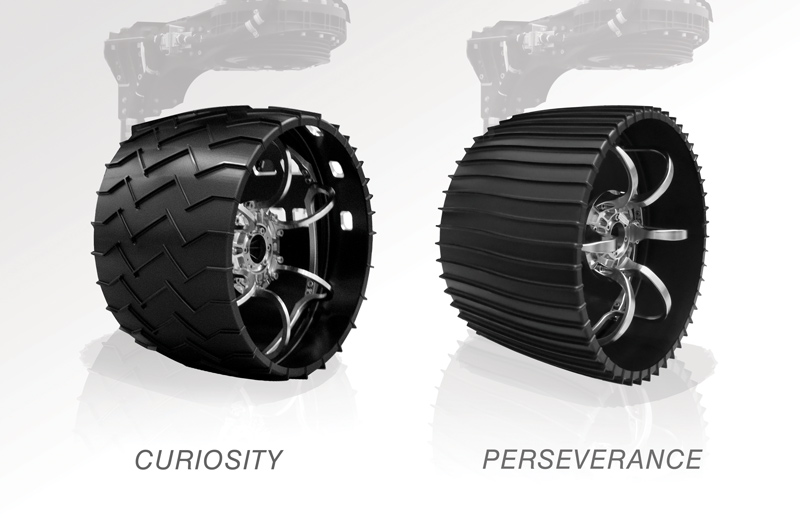 An image of the aluminum wheels of NASA's Curiosity (left) and Perseverance rovers.