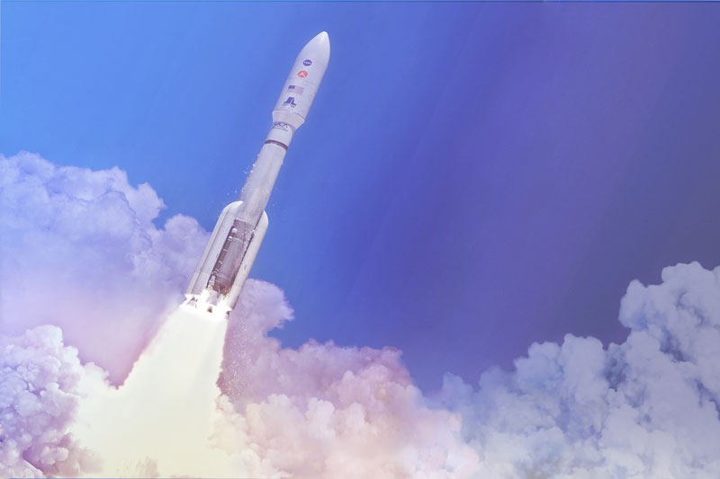 In this artist's concept, a two-stage United Launch Alliance Atlas V launch vehicle speeds the Mars 2020 spacecraft toward the Red Planet.