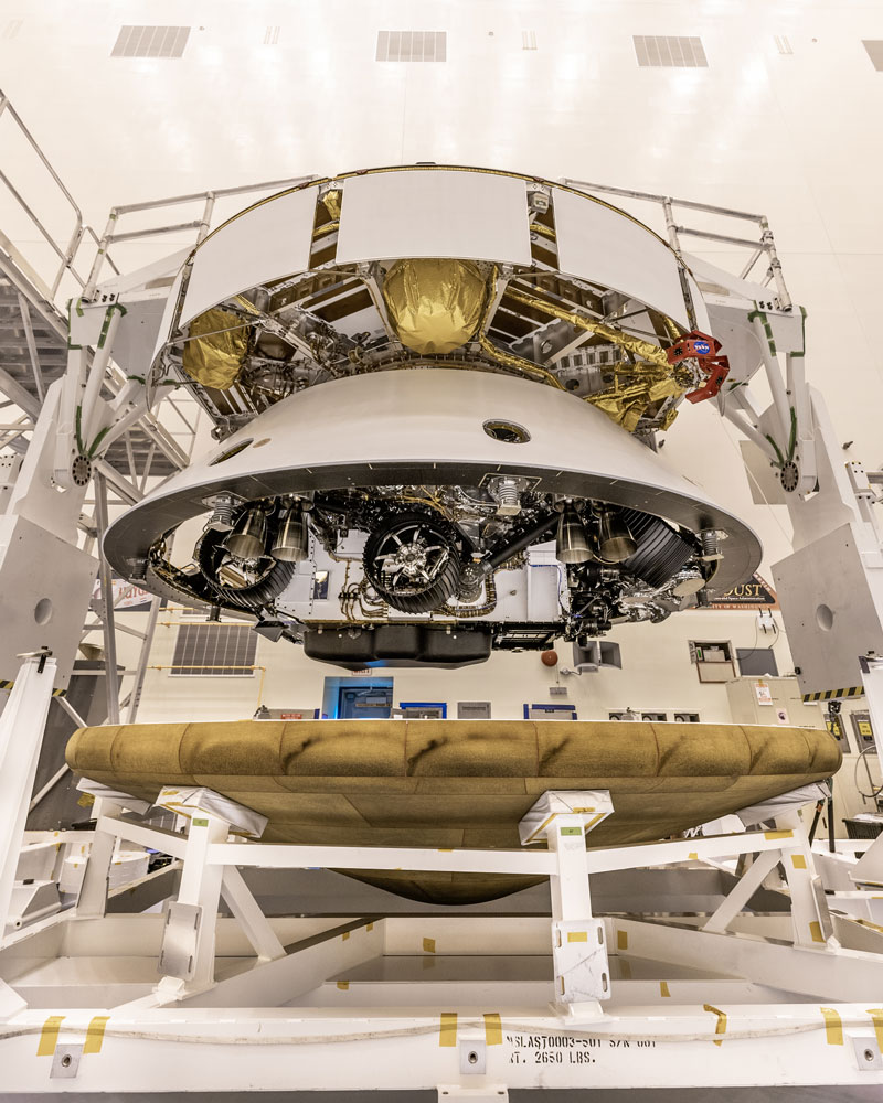 The Mars 2020 Perseverance rover mission's disk-shaped cruise stage sits atop the back shell, which contains the powered descent stage and Perseverance rover.