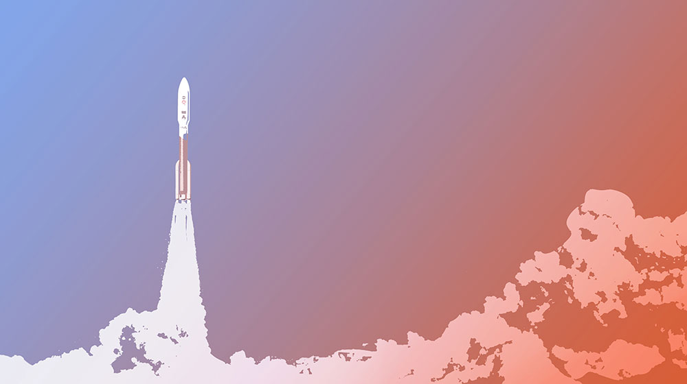 illustration shows the moment after liftoff of the Mars 2020