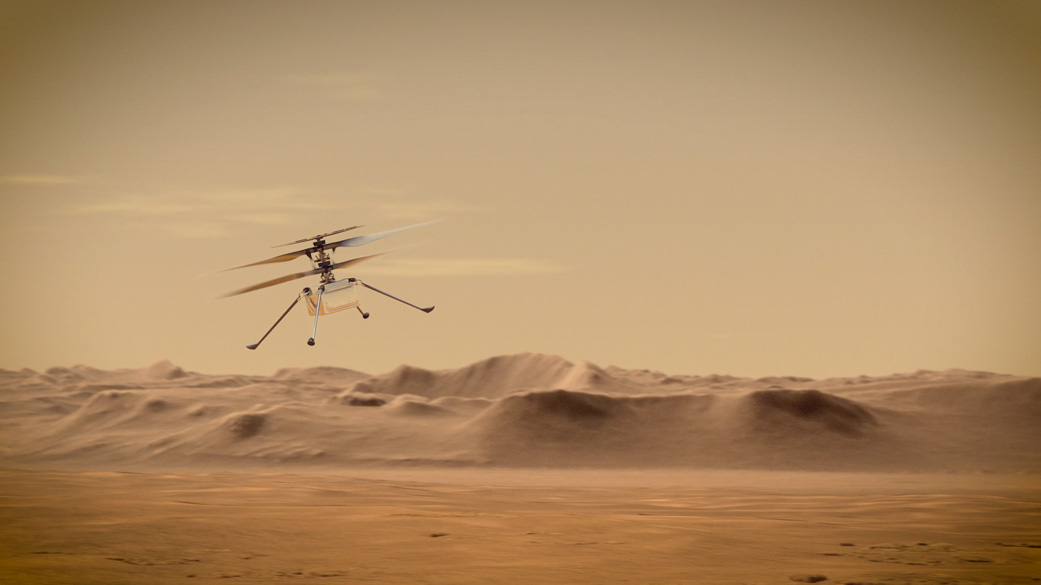 Artist's illustration of NASA's Ingenuity Mars Helicopter flying