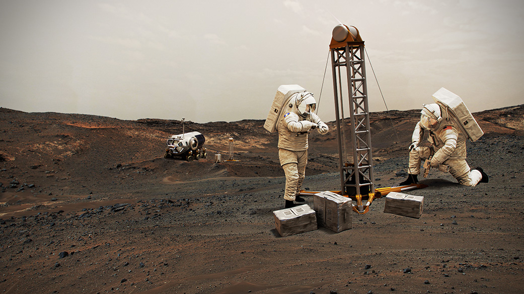An artist's depiction of two astronauts working on the surface of Mars